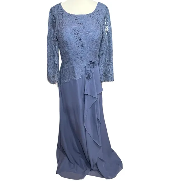 JJs House Evening Dress 8 Stormy Blue 3D Floral Cascading Ruffles Wedding 271457 - Image 3