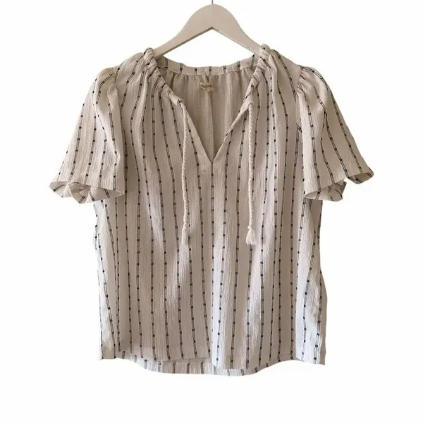 Madewell Tie-Neck Tunic Short Sleeve Black Striped Dot Knit Tunic Top SZ M #2568 - Image 2