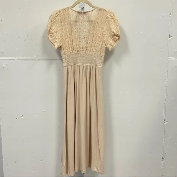 Betsey Johnson Mosaic Lace Puff-Sleeve Midi Dress Crochet Back Cream Sm JL408532 - Image 5