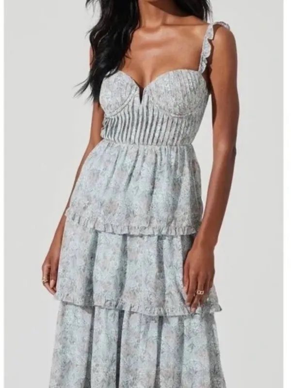 Astr Floral Tiered Maxi Dress in Light Gray and White - Image 13