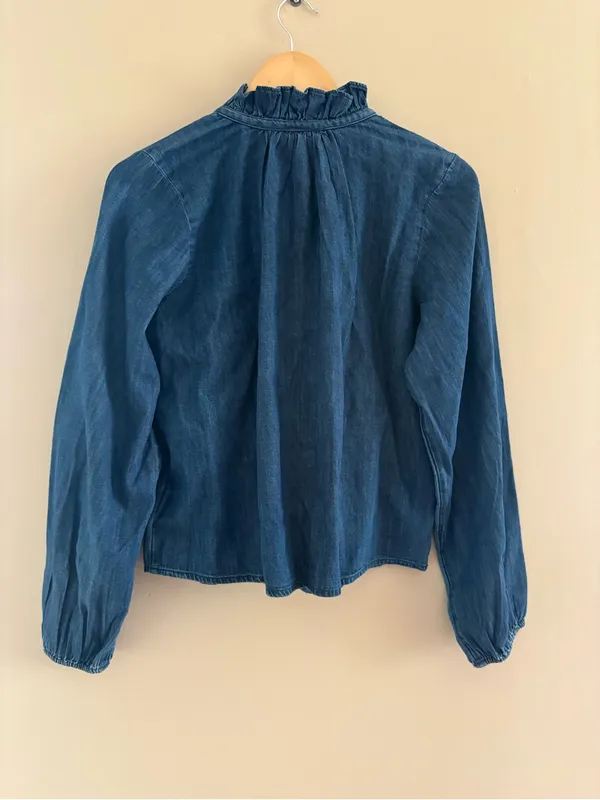 Gap Relaxed Denim Top Size XS 100% Cotton Long Puff Sleeve Button Front Preppy - Image 2