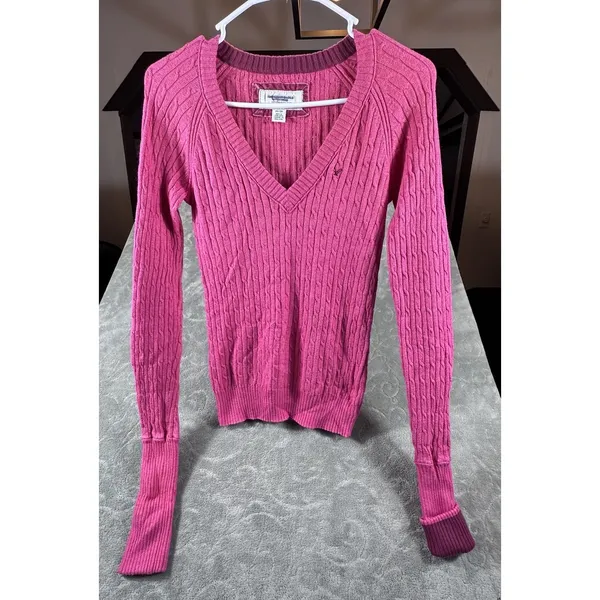 Y2K American Eagle V Neck Fitted Cable Knit Pink Sweater Bella Womens Medium - Image 9