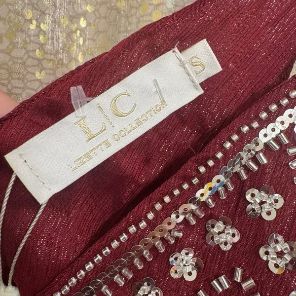LC collection Burgundy Beaded Sequin Sheer Chiffon Cami Tank Top S NWT - Image 6