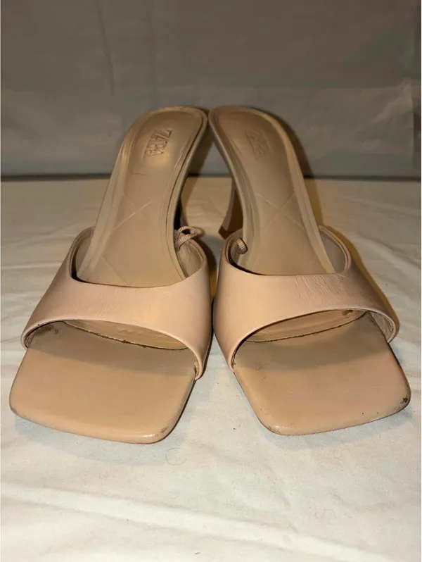 Zara Leather Heeled Mules – Beige Square Toe Slide Sandals Size 38 - Image 8