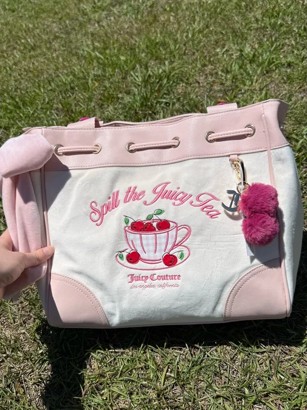 Juicy Couture Spill The Juicy Tea Cherry Tote Bag Pink Cream Shopper New - Image 2