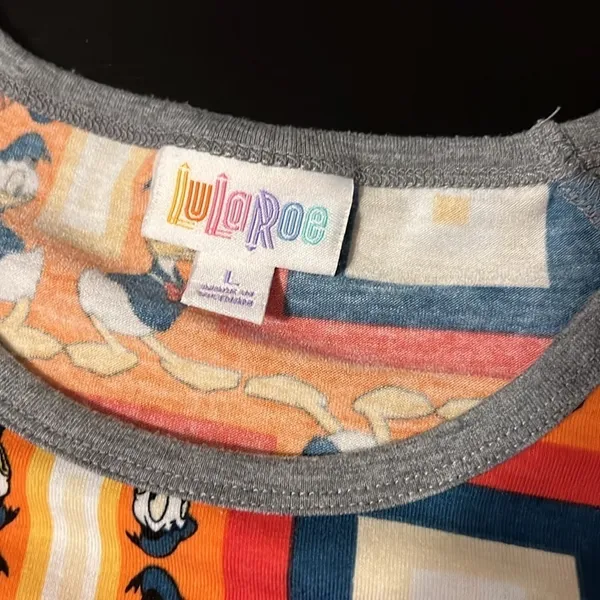 LuLaRoe Disney Donald Duck‎ Randy Baseball Tee Grey Orange Large - Image 3