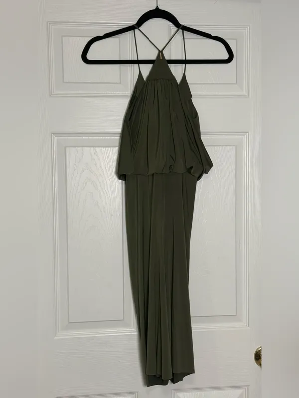 MISA Domino Tie Front Draped Ruched Knee Length Dress Olive Green Size XS NWT - Image 4