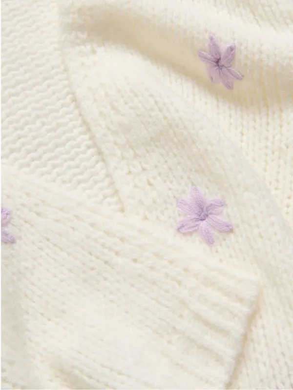 Reserved Women’s Cream Open Front Knit Cardigan with Lilac Floral Detail Size S - Image 5