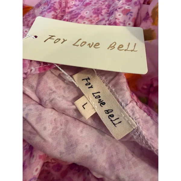 For Love Bell Pink fancy Floral Ruched Mini Dress Long Sleeve Ruffle L dainty y2 - Image 8