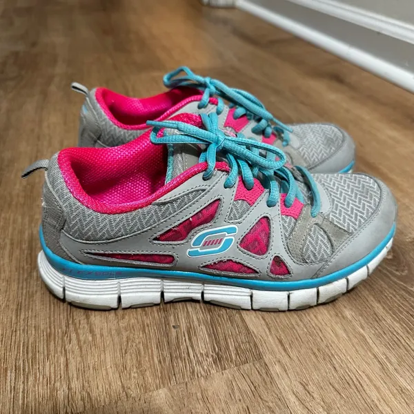 Skechers | Women's Flex Sole Grey Pink Blue Athletic Running Shoes, Size 6.5‎ - Image 3