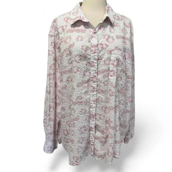 Aerie Wicked Shirt XL Pink White Button Up Seersucker Romantic Floral Indie New - Image 2