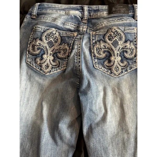Love Indigo Premium Womens Bootcut Jeans Embroidered Fleur De Lis Medium Wash - Image 7