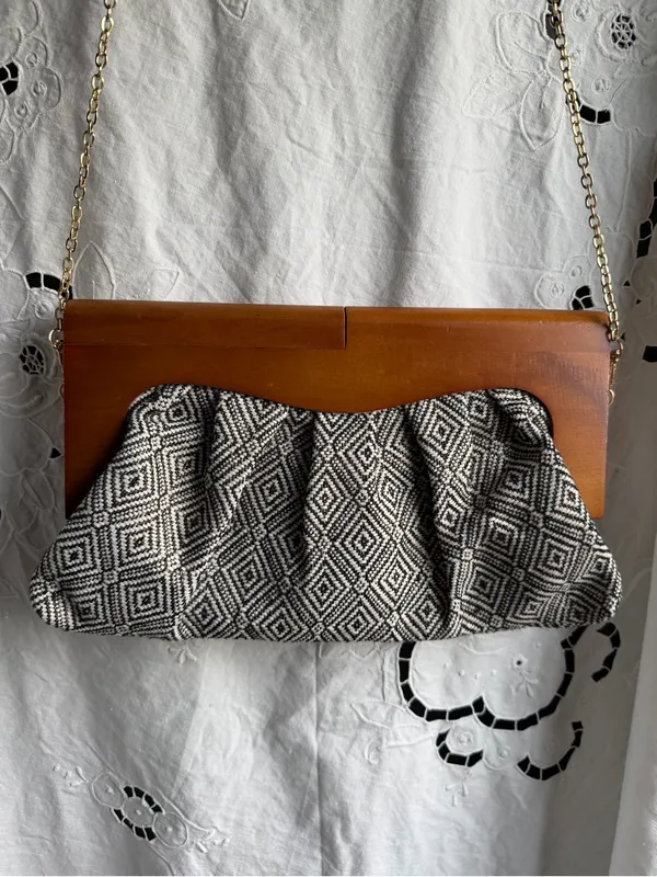 Urban Expression Wood Frame Clutch Black White Geometric Boho Retro Bag - Image 4
