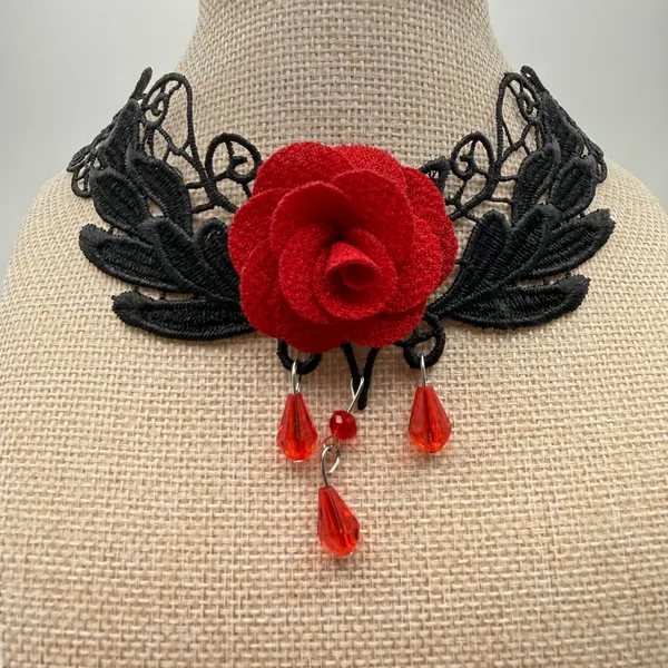 Whimsigoth Moody Witchy Victorian Goth Rose Lace Choker Necklace OS Black Red - Image 2