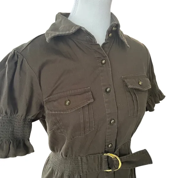 Rampage Women Olive Brown Utility Button Front Mini Dress Belted Puff‎ Sleeve L - Image 3