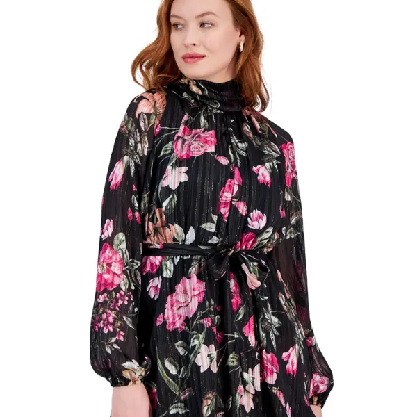 RACHEL by Rachel Roy Womens Mae Chiffon Midi Belted Tiered Dress Black Multi 2 - Image 7