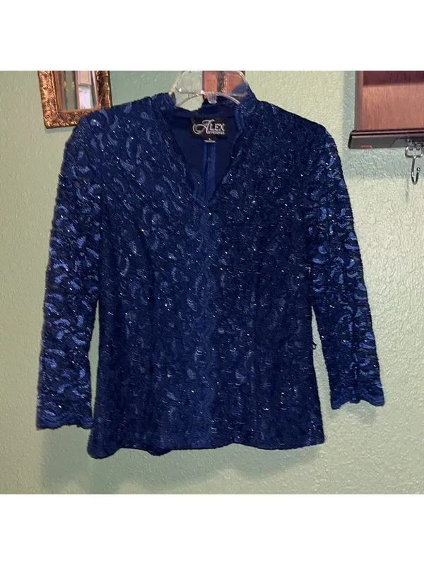 Alex Evenings navy blue glitter lace top vintage • black tie evening dress top - Image 2