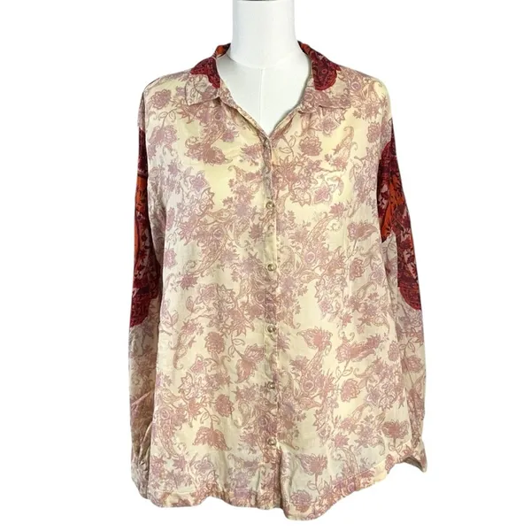 Free People Western Bohemian Dainty Rose Bud Button Down Blouse Shirt Large - Image 8