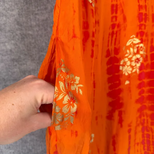 Soft Surroundings Size-L Maxi Dress Orange Tie Dye Metallic Gold Embroidered - Image 10