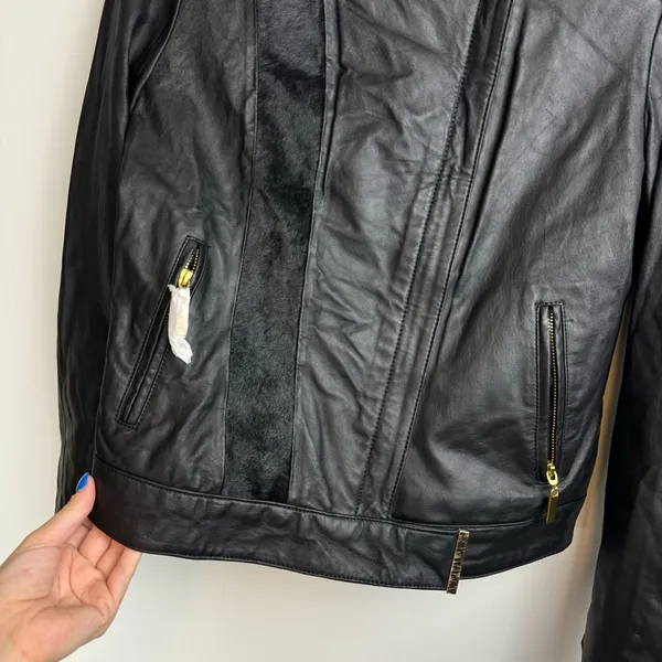 IMAN Genuine Leather Zip Jacket Sz XS Womens Fur Moto - Image 4