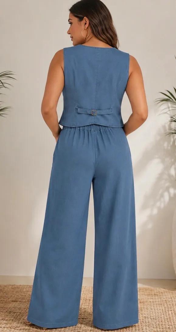 Wide Leg High-Waist Pants & Vest Set in Dusty Blue. L (see - Image 4