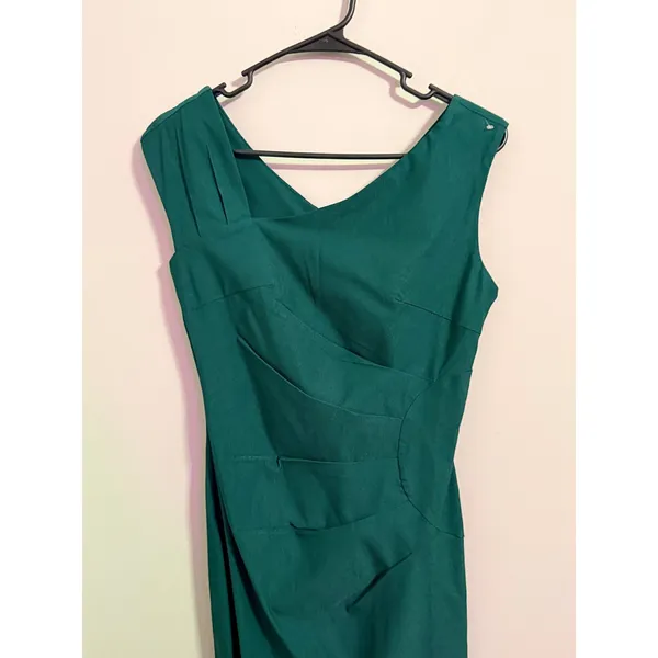 MUXXN Women's Emerald Green V Neck‎ Ruched Sheath Midi Dress Size M - Image 3