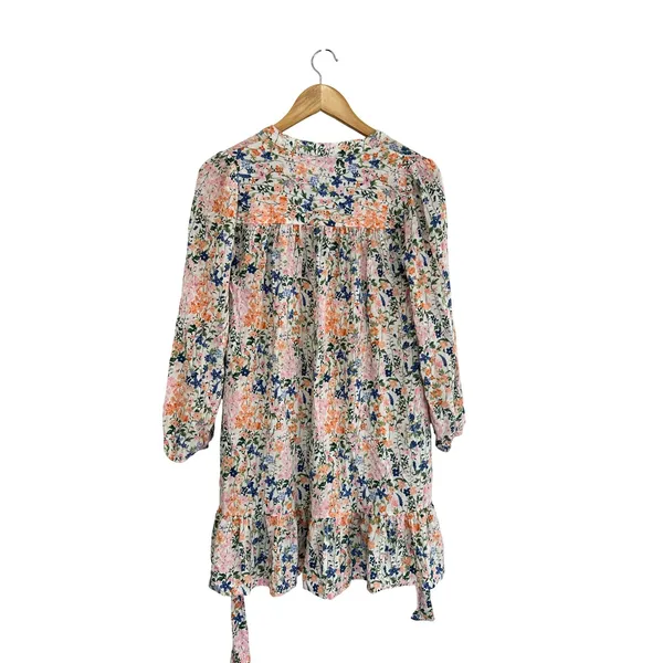 Tommy Hilfiger Floral V-Neck Ruffle Mini Dress XS Long Sleeve Tie Waist - Image 3