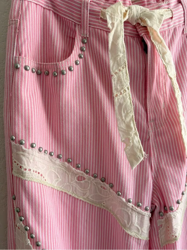 Everyday chic Blossom Pink Striped Wide Leg Lace Patchwork Size M - Image 4