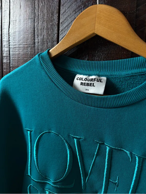Colourful Rebel Teal 'Lovers & Rebels' Embroidered Sweatshirt Organic Cotton XS - Image 3