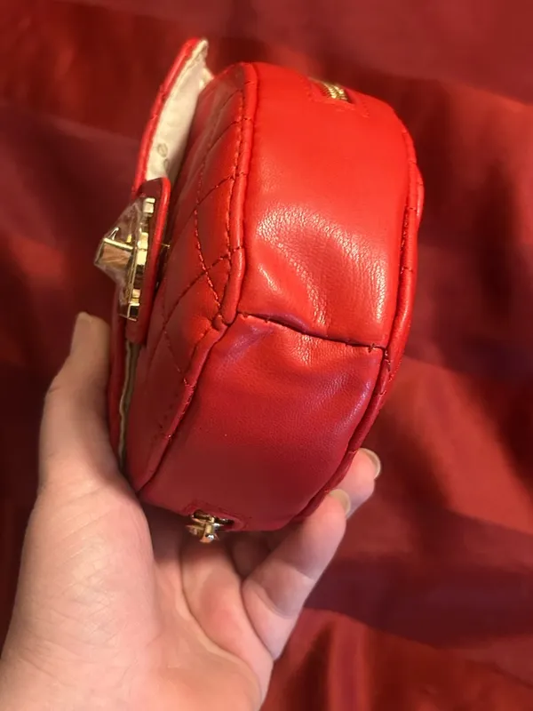 Bebe Red Quilted Heart Crossbody Bag with Gold Chain Charms - Image 7