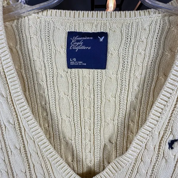 Y2K American Eagle V Neck Fitted Cable Knit Sweater Women Medium Yellow Preppy - Image 5