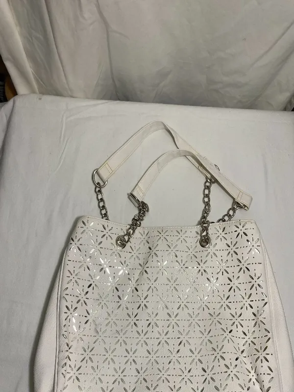 White Faux Leather Tote Bag Silver Floral Cutout Shoulder Purse Chain Handles - Image 2