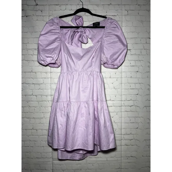BARDOT Lavender Puff Sleeve Tiered‎ Mini Dress Open Back Wedding Guest Size 6 SM - Image 5
