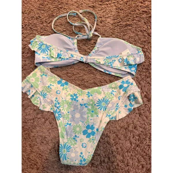 Aerie Real Good Floral Ruffle Halter Bikini Set‎ Blue Green M NWT - Image 2