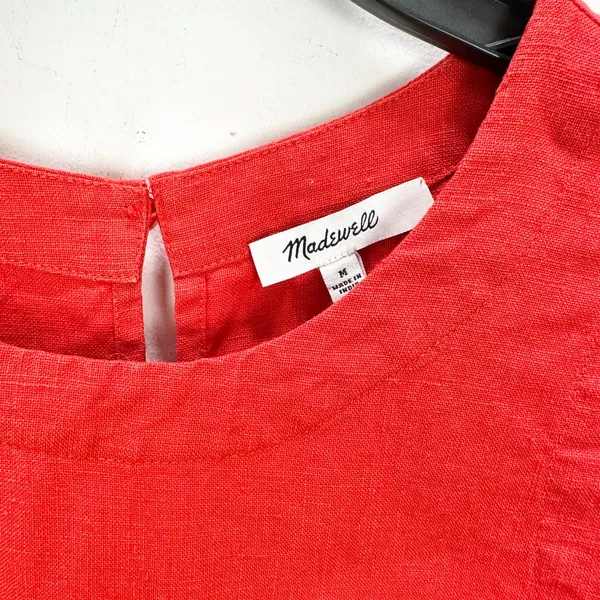 Madewell Mini Shift Dress in 100% Linen A Line Embroidered Hem Wild Poppy M - Image 9