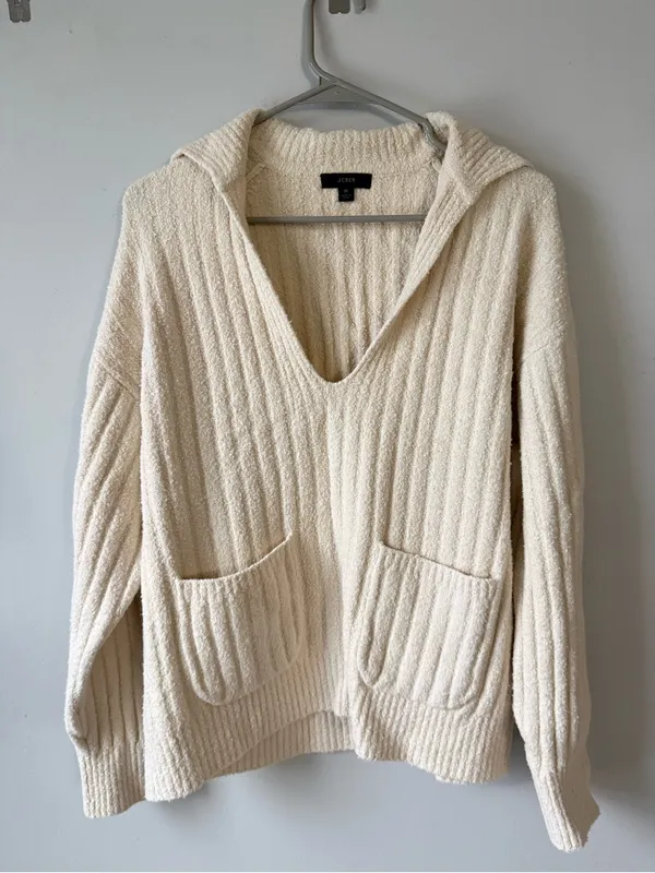 J. Crew Cozy Cream V-Neck Hooded Sweater with Pockets Ribbed Beige Cream Size M - Image 2