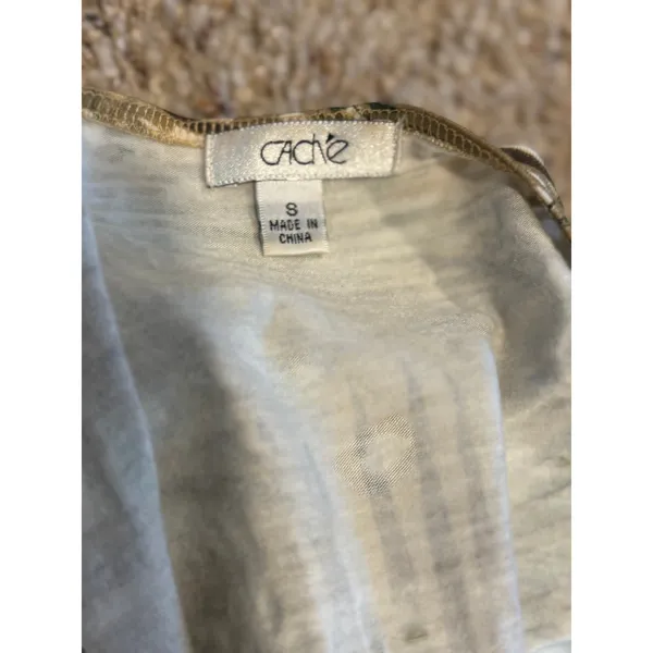 Cache Faux Wrap Textured Gold Metallic Bamboo Print Stretch Ruched Side Top Sz S - Image 9