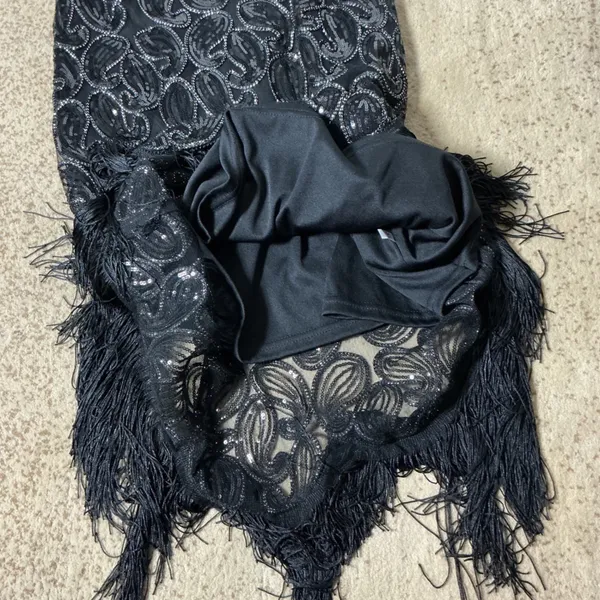 Flapper Gatsby Sequin Fringe Dress Womens XL Black Silver Paisley Glam - Image 3