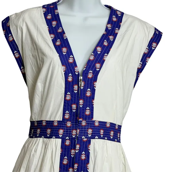 TCEC Womens White Blue Floral Block Print Trim V-Neck Zip Front Midi Dress L - Image 5