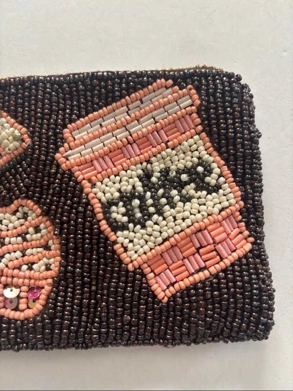 Source Unknown BROWN AND PINK BEADED MINI BAG OR COIN PURSE 5” X 4” HAS BEADED TASSEL ZIP PULL - Image 3