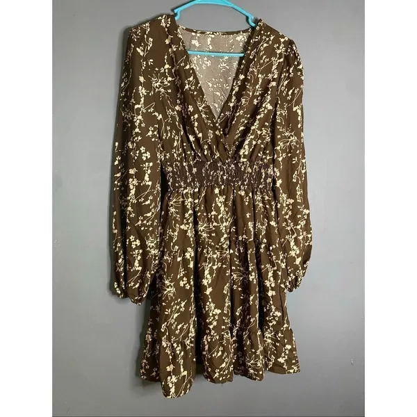 Hapsho Brown Floral Elastic Sleeve Dress Size Medium NWOT - Image 2