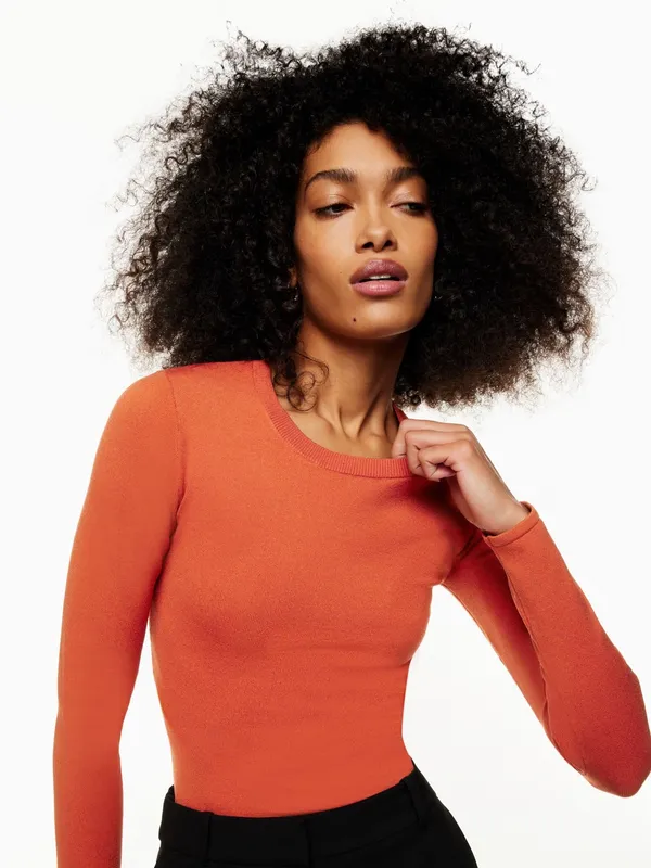 Aritzia Babaton Crew Contour Rust Orange Ribbed knit Long Sleeve Top skims XS - Image 3