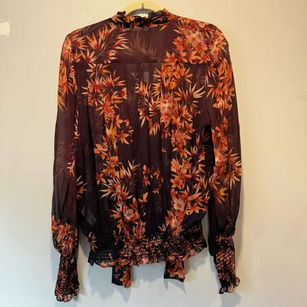 🍁 Warm New York‎ Floral Semi Sheer Neck Tie Blouse Burgundy Long Sleeve Elastic - Image 3
