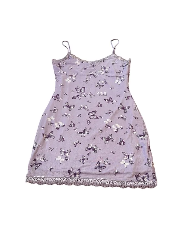 Purple Butterfly Print Babydoll Mini Slip Dress Lace Trim Y2K Fairycore Coquette - Image 3