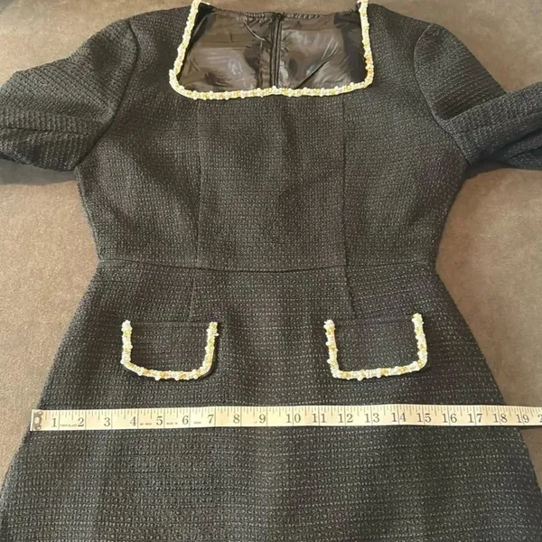 Women’s Short Black Dress Square Neck Faux Pearl-Like Trim **Tag L fits like M - Image 12