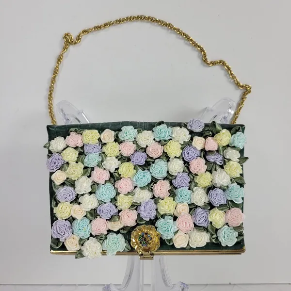 Andé Womens Clutch Bag Green Croc Embossed Pastel Floral Applique Gold Chain - Image 12