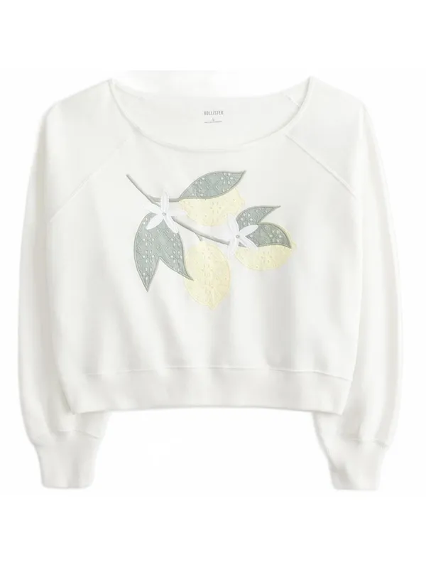 Hollister Wide Off-the-Shoulder Lemon Plant Graphic Crew Sweatshirt NWT Cream S - Image 3