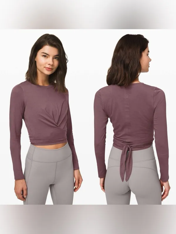 Lululemon Time‎ to Restore Long Sleeve Tie Cropped Top Antique Bark Purple - Image 2