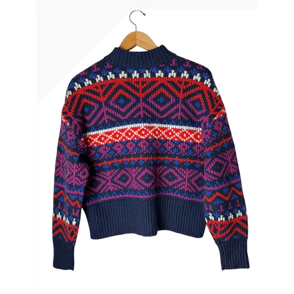 Old Navy So Soft Fair Isle Sweater Women XS Navy Blue‎ Red Mock Neck Nordic Knit - Image 3