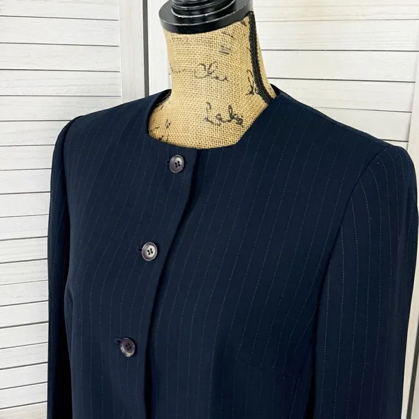 Dress Barn Pinstripe Long Line Blazer‎ Jacket Blue Tan 10 Suit Coat - Image 5